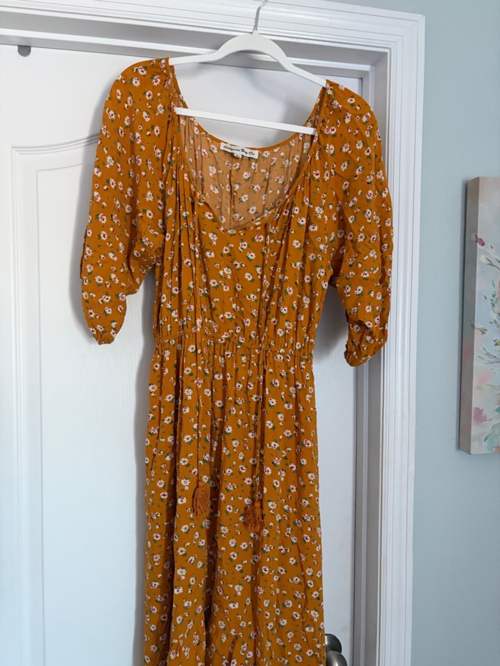 Mustard Floral Maxi Dress with Tie-Front and Puff Sleeves